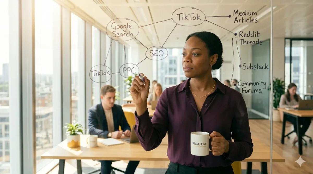 Business leader reviewing AI visibility gap prioritization strategy on a tablet in a modern office