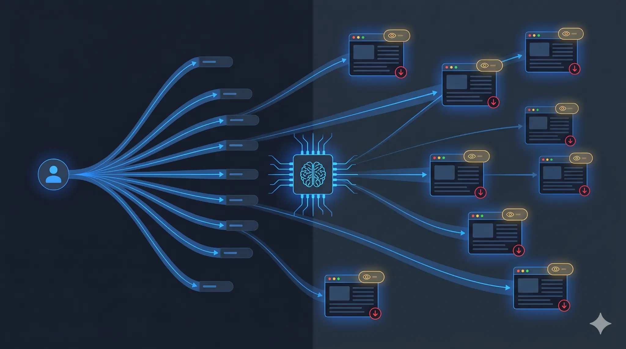 AI search fan-out query diagram showing one user query expanding into multiple sub-queries with phantom impressions and low CTR