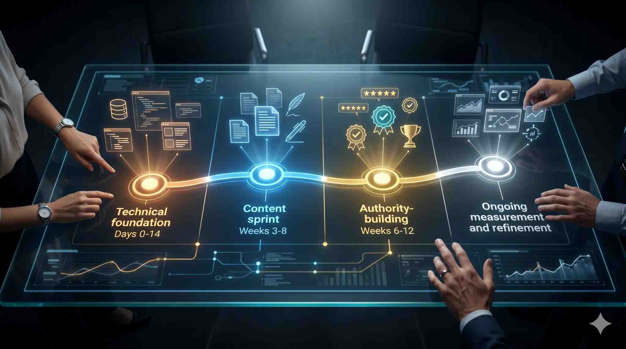 AI SEO audit implementation roadmap showing technical foundation, content sprint, authority-building, and ongoing measurement phases