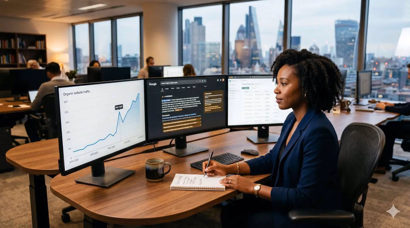 A content strategist reviews AI search algorithm data on multiple screens in a modern analytics workspace