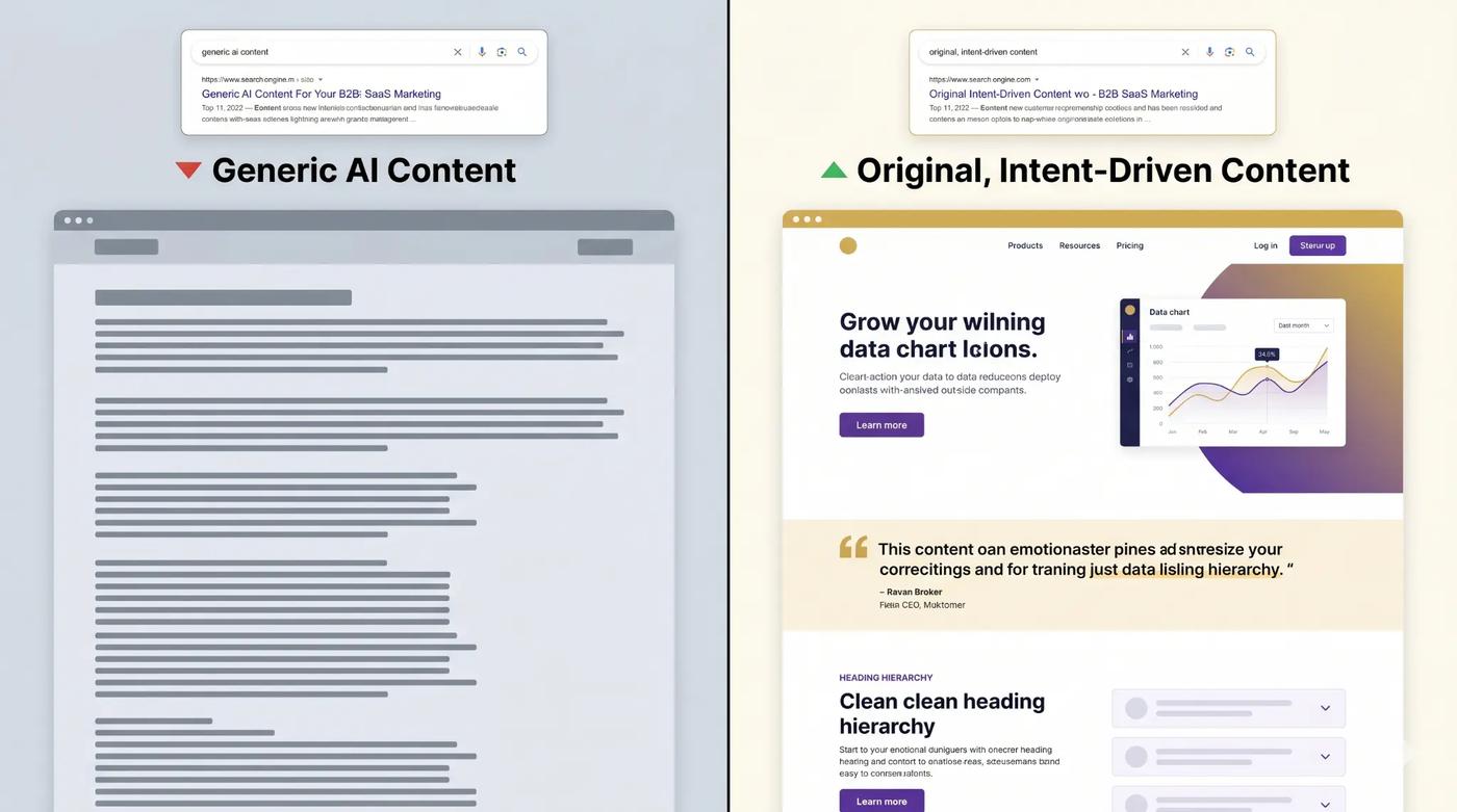 Side-by-side comparison of a generic AI content page versus an original, evidence-rich content page in search results