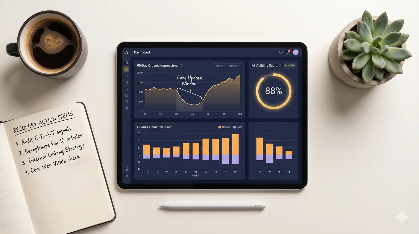 A digital marketer monitors Google core update impact using an AI visibility dashboard showing impressions, click-through rates, and query trends