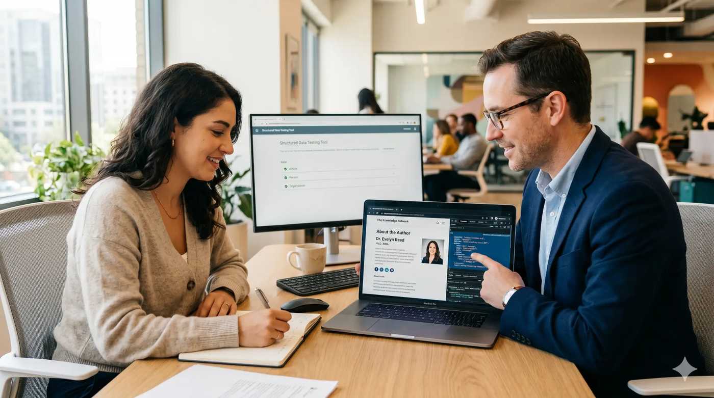 A content team reviews author credentials and schema markup on a laptop to strengthen EEAT signals for Google AI search