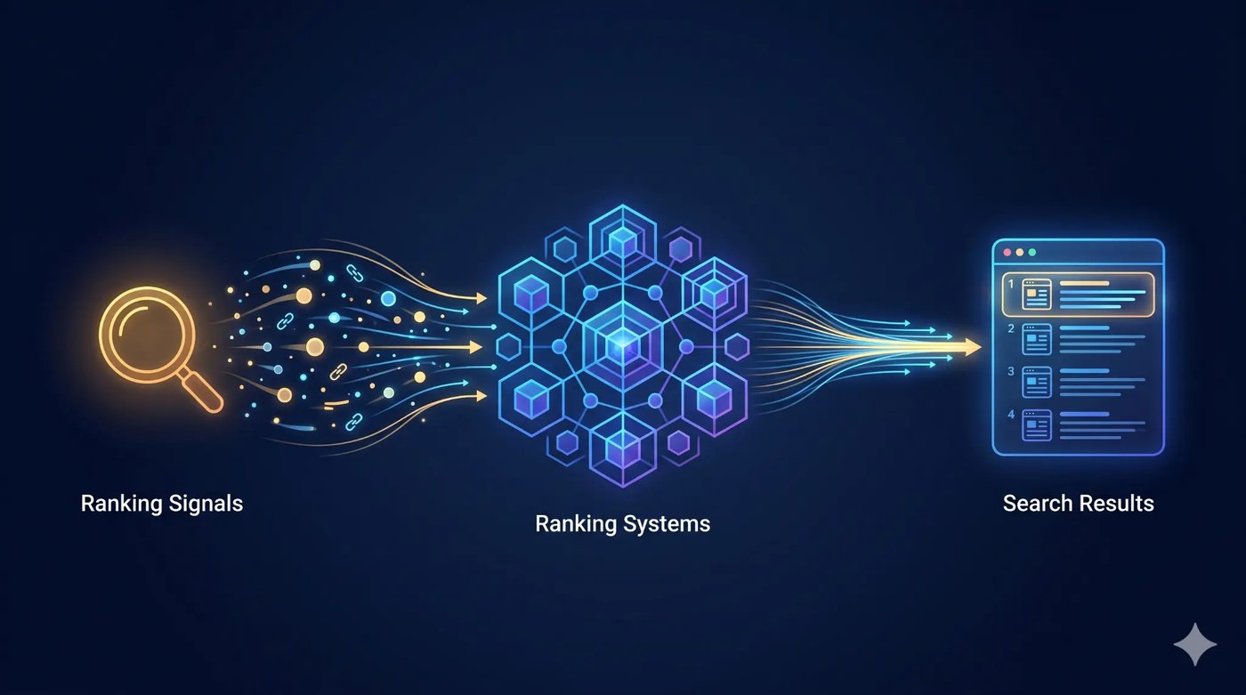 Diagram showing how Google AI ranking signals feed into machine-learned ranking systems during a core update