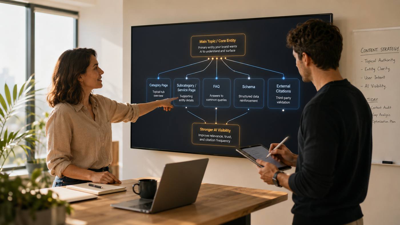 Two marketing professionals reviewing entity clarity and content strategy signals for AI search optimization on a wall-mounted display