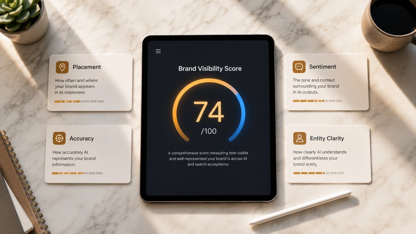 AI share of voice brand visibility score dashboard showing placement sentiment accuracy and entity clarity dimensions