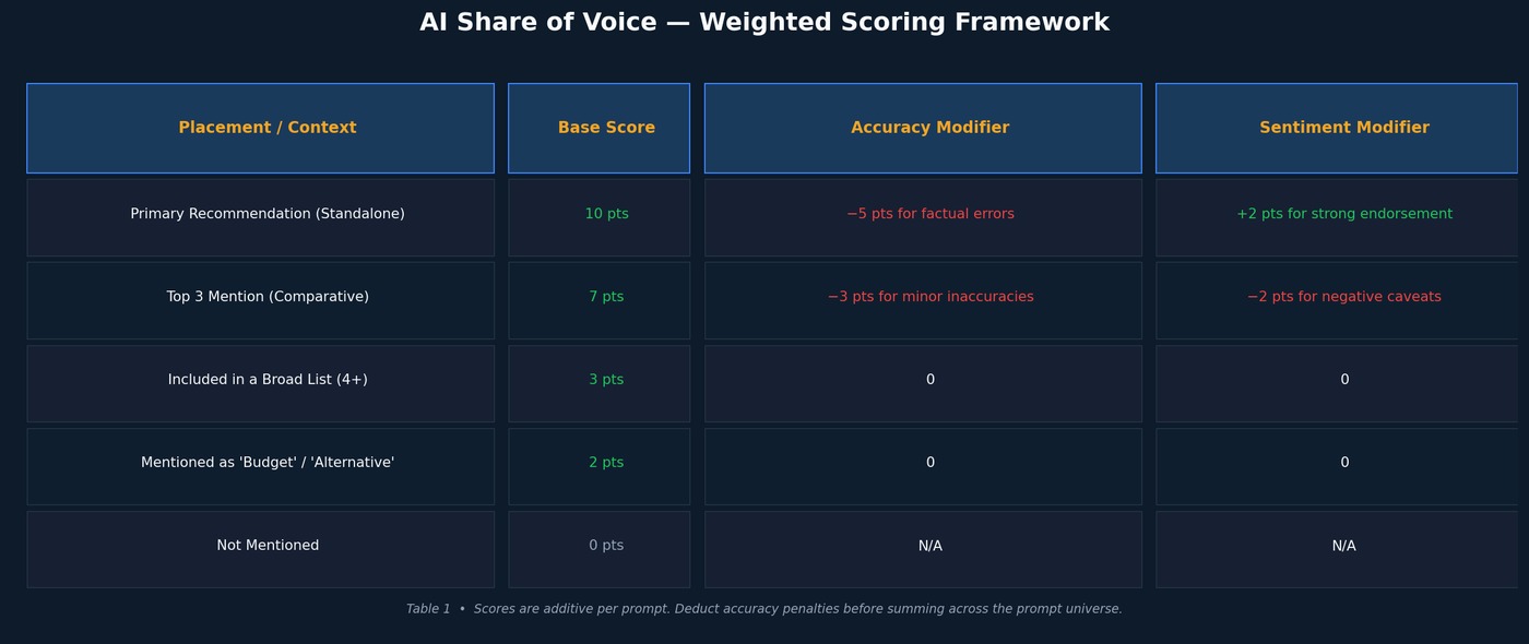 Chart showing AI share of voice weighted scoring framework with base scores accuracy modifiers and sentiment modifiers