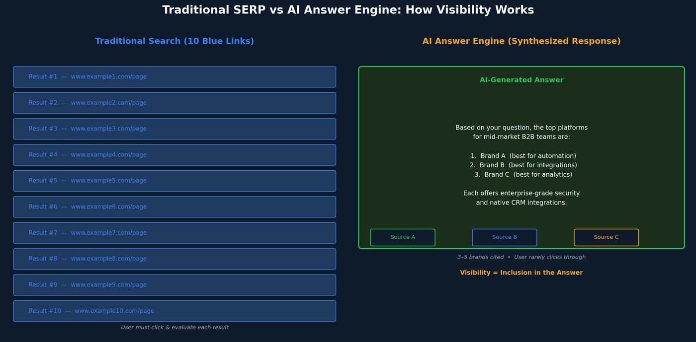 Chart comparing traditional SERP ten blue links versus AI answer engine visibility model