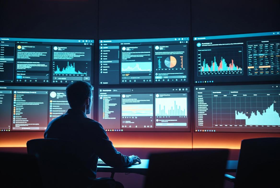 Person analyzing data on AI Facebook post generator dashboards.