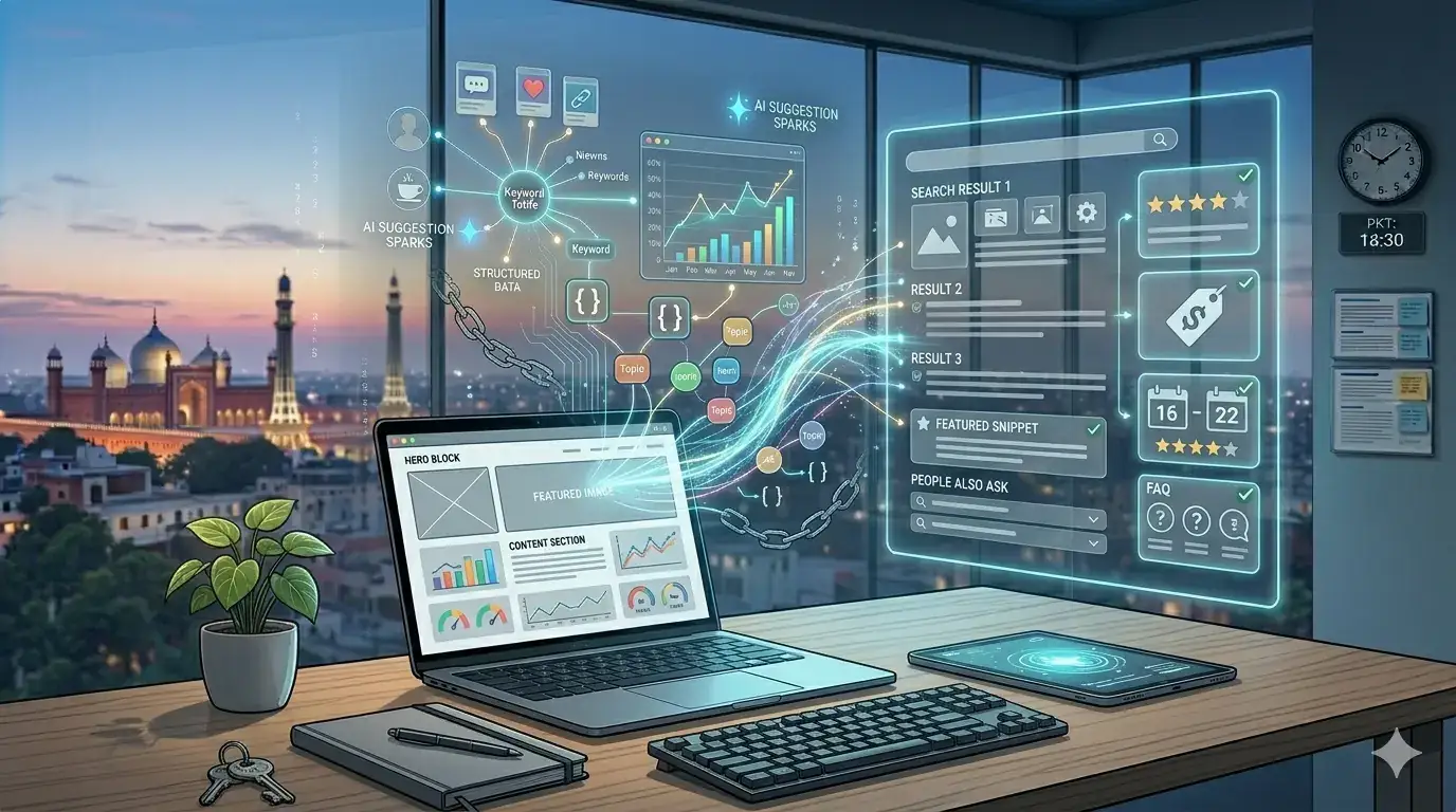 Digital interface displaying AI-driven schema tools on a computer screen at sunset.