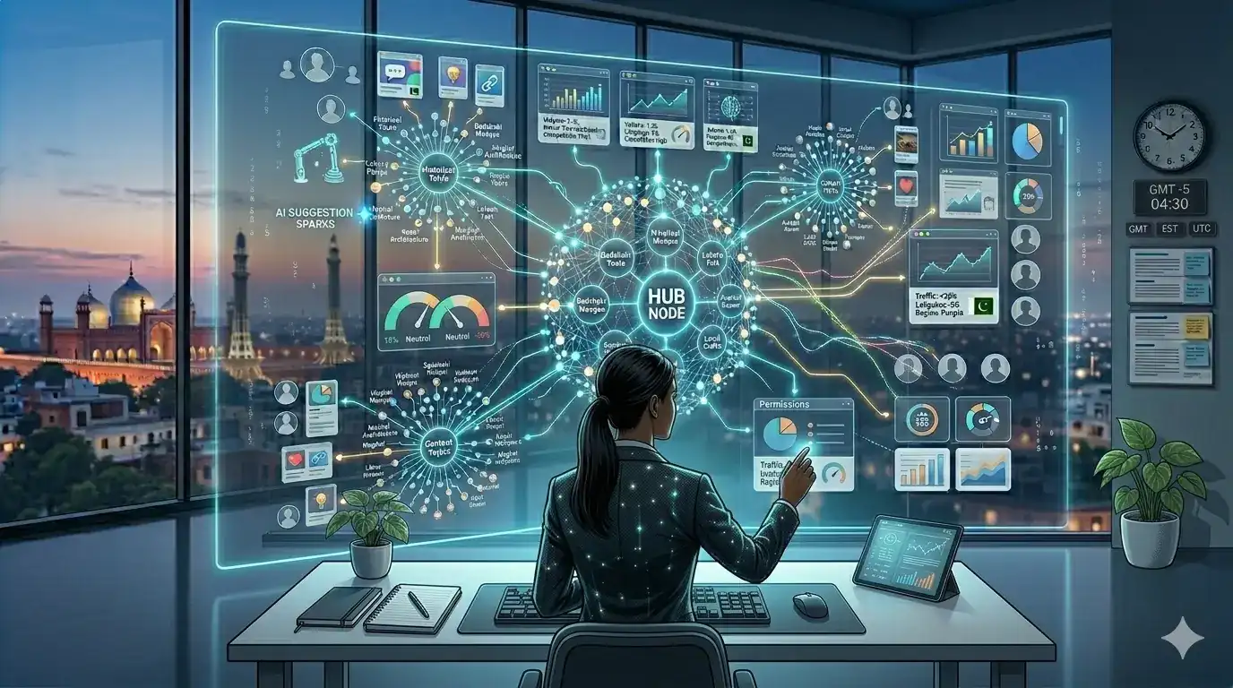 Illustration of an AI dashboard interface with data visualization for schema generation.