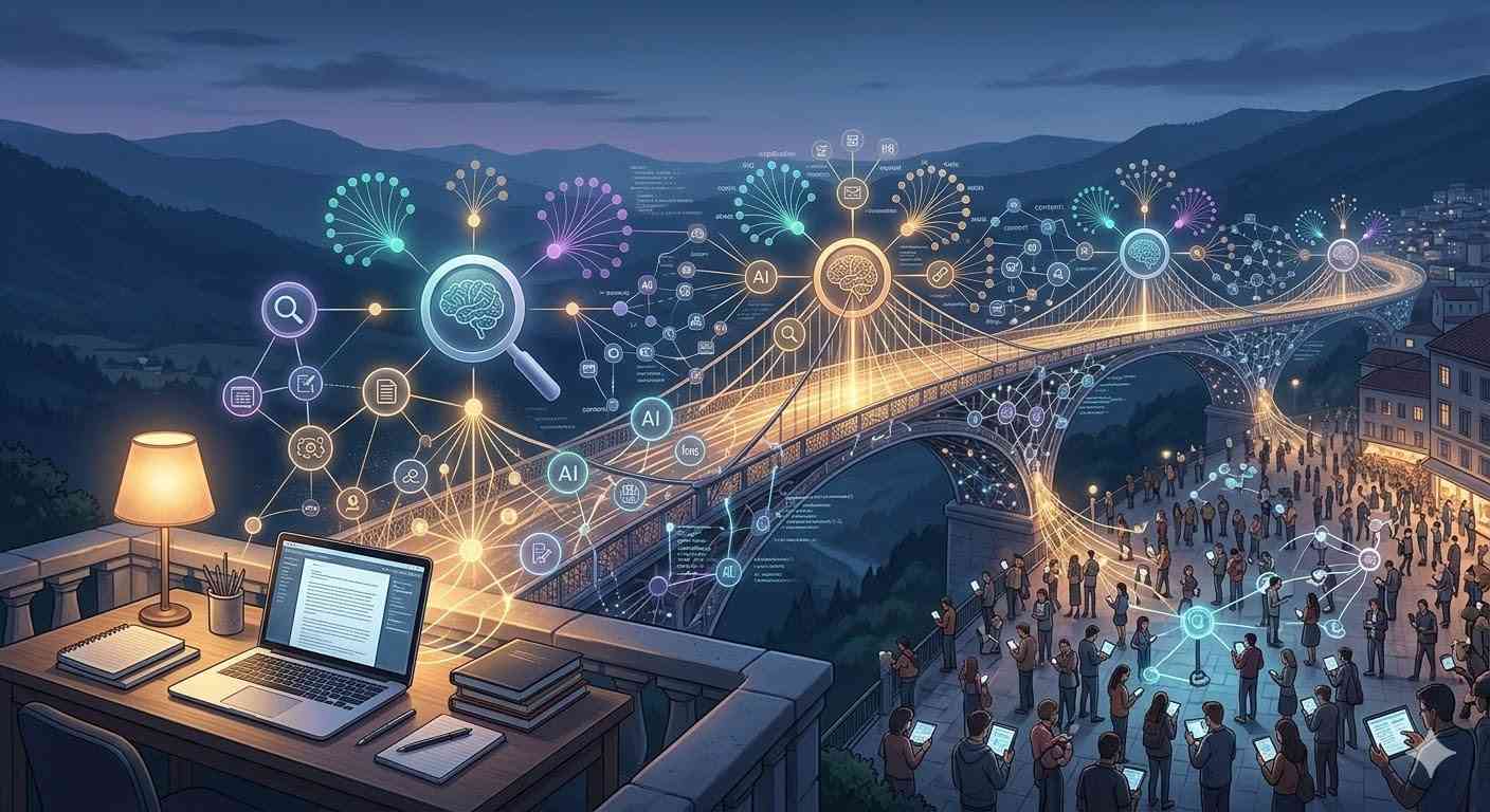 Illustration of a digital network bridge symbolizing AI tools for SEO keyword research.