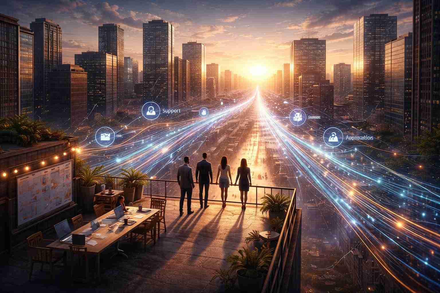Group observing a digital growth interface representing AI tools for startups