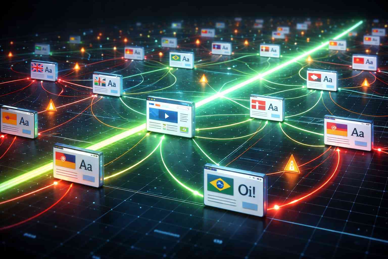 Multilingual SEO layout illustration showing AI-based content connections.