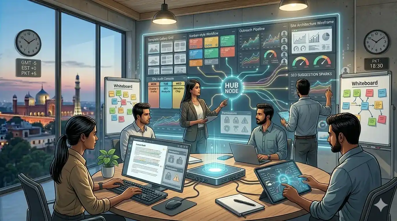 A team in a modern office discussing AI-driven SEO automation strategies using digital screens and whiteboards.