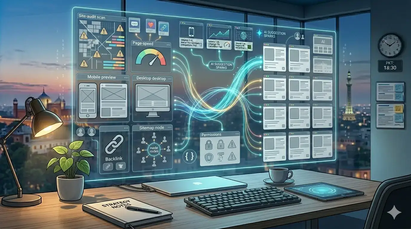Digital interface showing AI-driven SEO automation tools and analytics.
