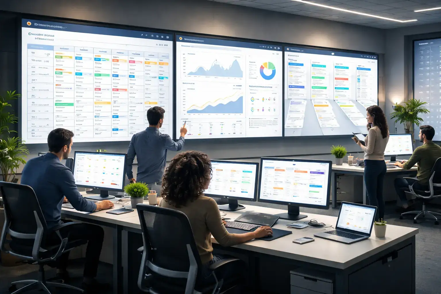 Team working on an analytics dashboard in an office to highlight blog title generator insights.