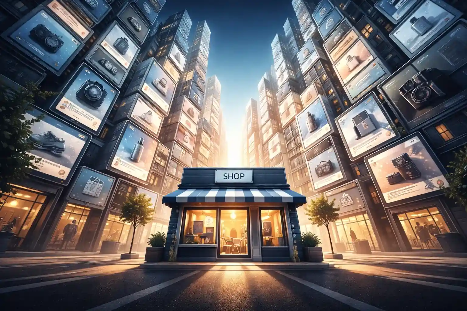Digital storefront surrounded by towering digital displays in a cityscape, representing ecommerce SEO services.