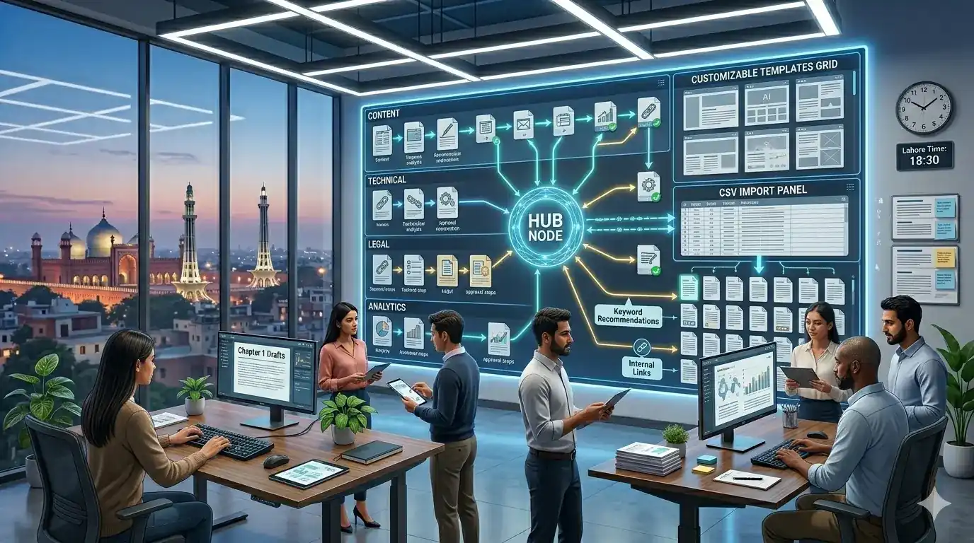 Team collaborating in an office with a digital enterprise SEO tool dashboard.