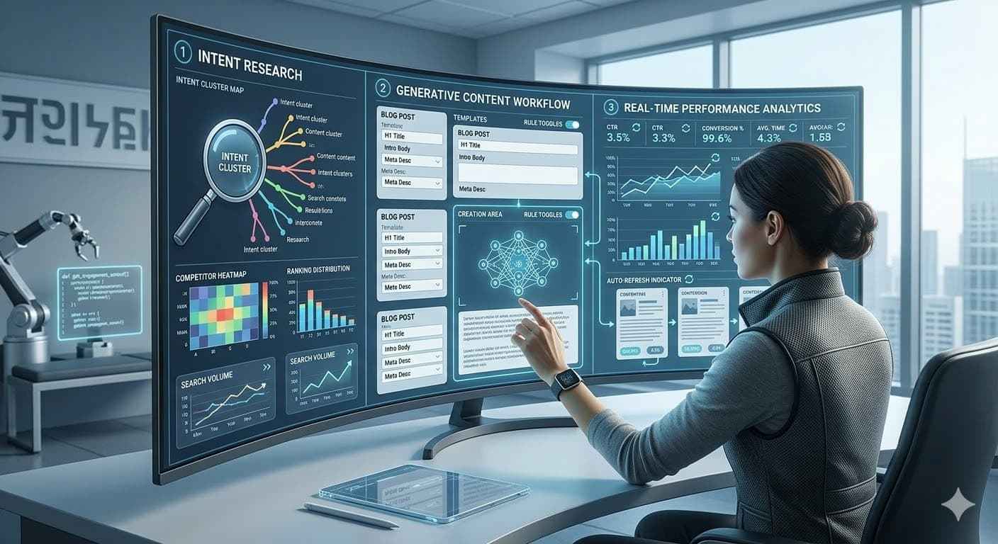 A person analyzing generative engine optimization data on a multi-screen setup showing analytics and workflows.
