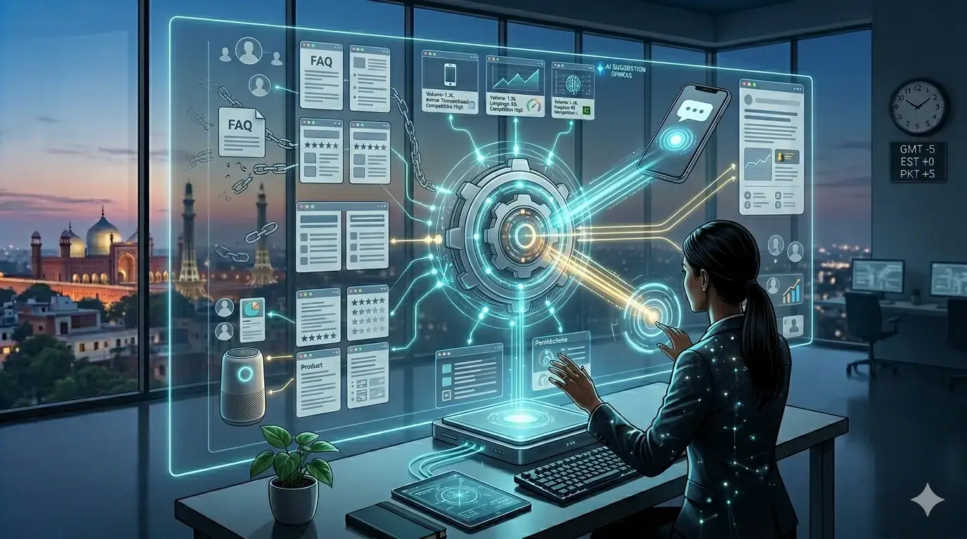 A person interacting with a high-tech digital interface in an office setting.