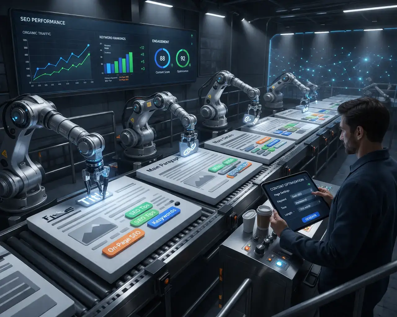 Automated content optimization using AI for on-page SEO tools in a high-tech environment