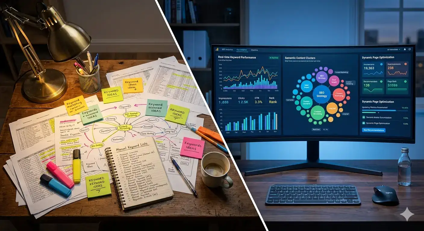 Side-by-side of manual keyword research notes and dynamic SEO analytics dashboard on screen.