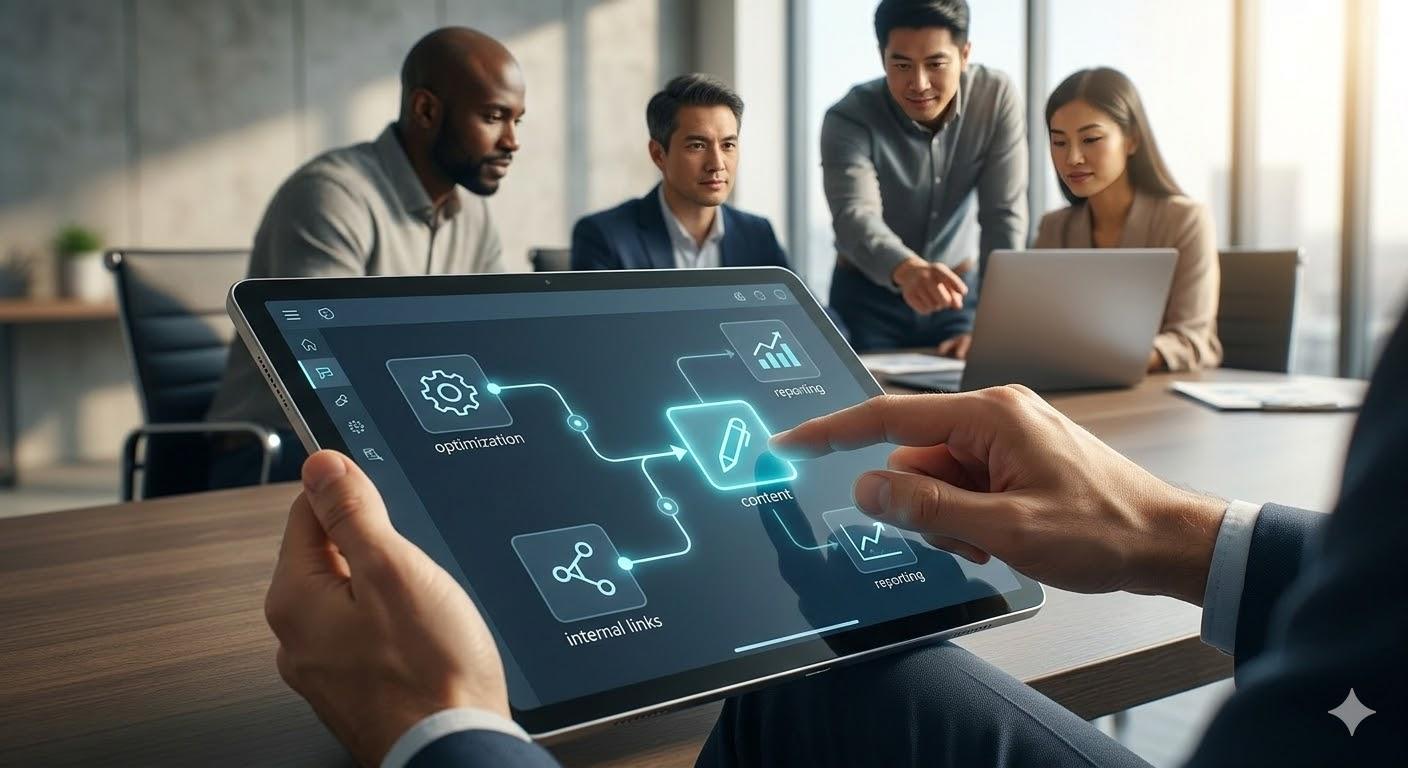 Tablet displaying an SEO workflow with team discussing strategy in the background.