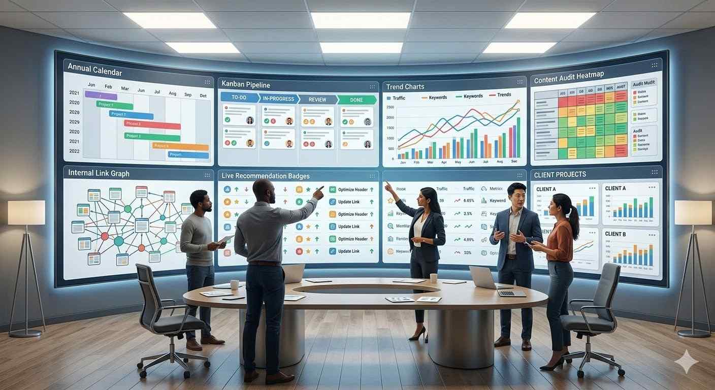 Team using SEO software for agencies showing dashboard with analytics and workflow tools.