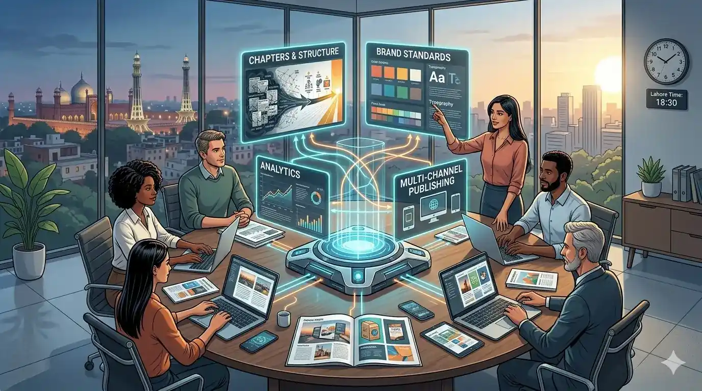 A team in a meeting discussing writing and editing strategies with digital tools displayed.
