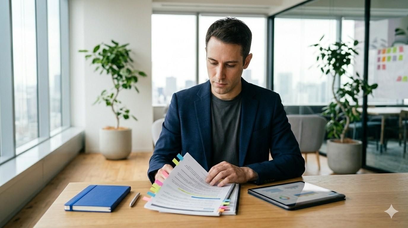 Professional going through AI funnel strategy papers