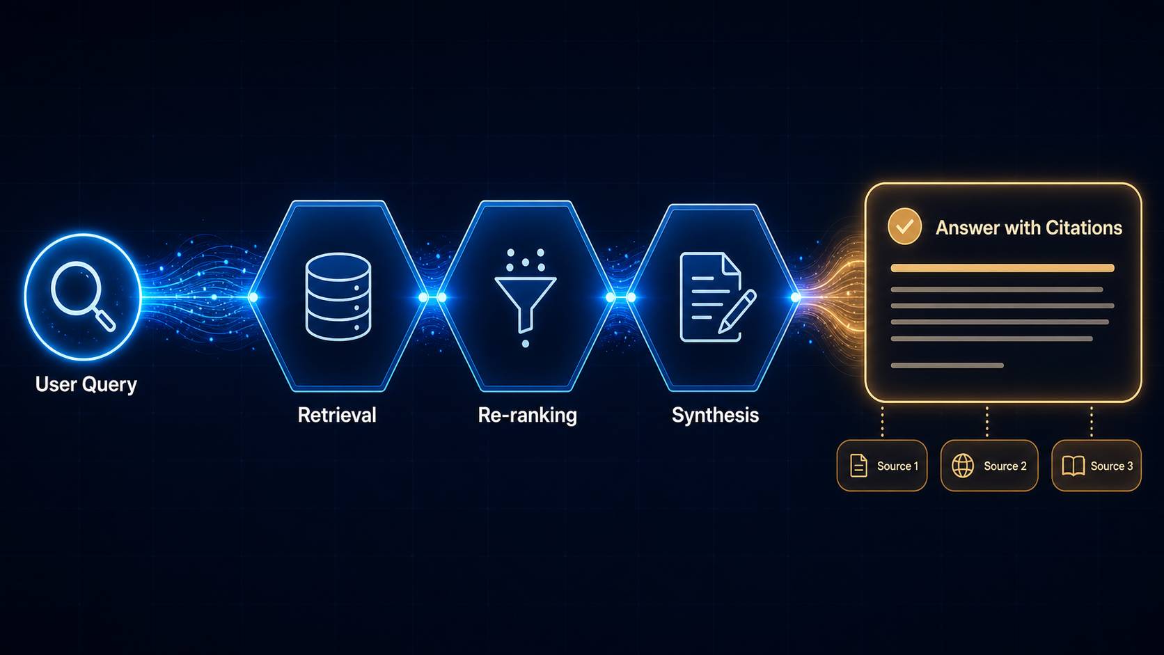 LLM answer synthesis pipeline: retrieval, reranking, and citations