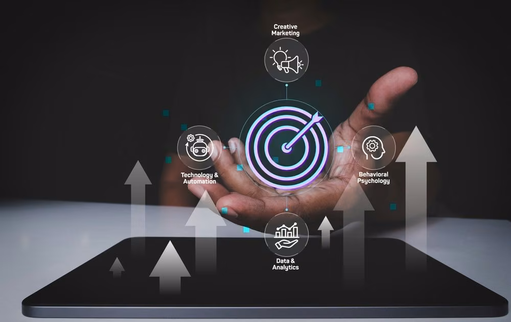 Hand with technology and data analytics symbols for social media audit