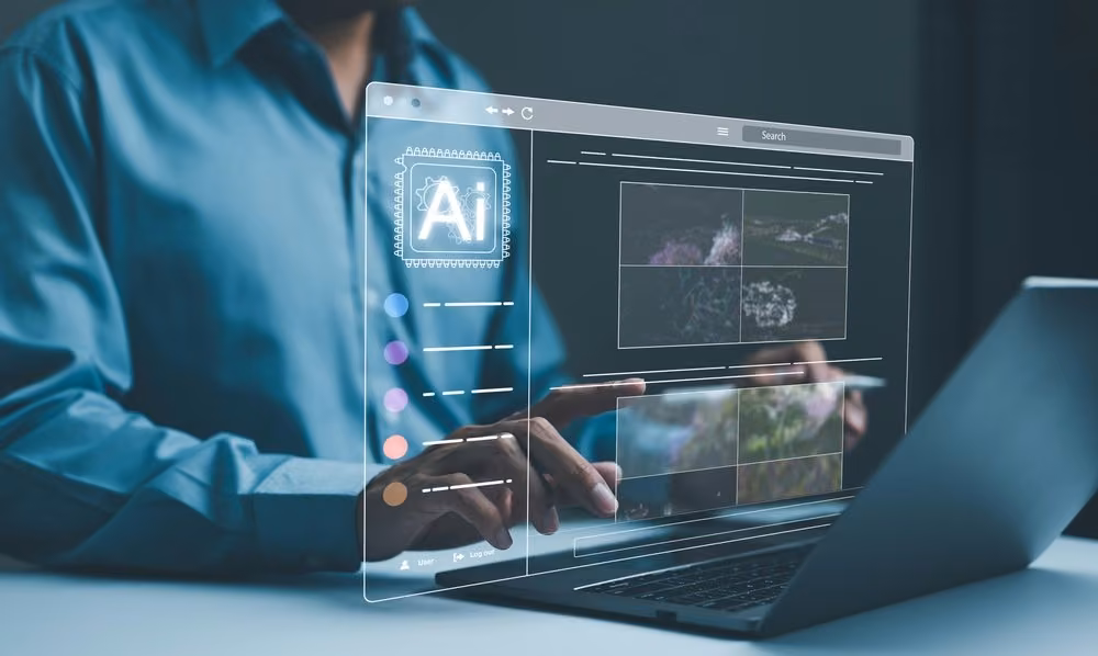 Person interacting with AI interface on laptop for content calendar optimization
