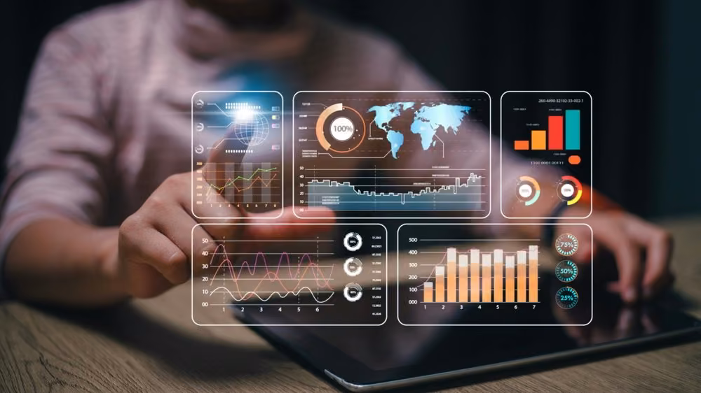 Person using an AI interface with graphs and analytics on a digital device