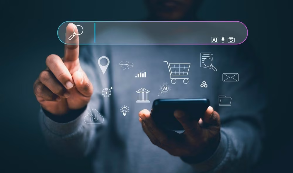 Person using a smartphone with an AI-powered interface showing various icons