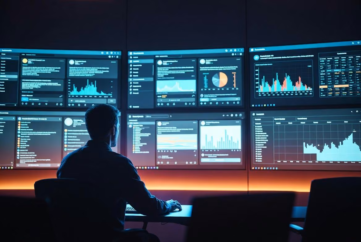 Person analyzing data on AI Facebook post generator dashboards.