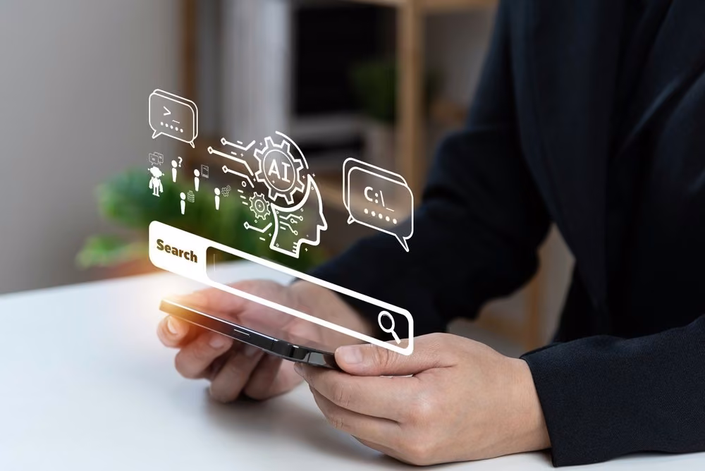 Smartphone with AI and search icons indicating SEO AI software