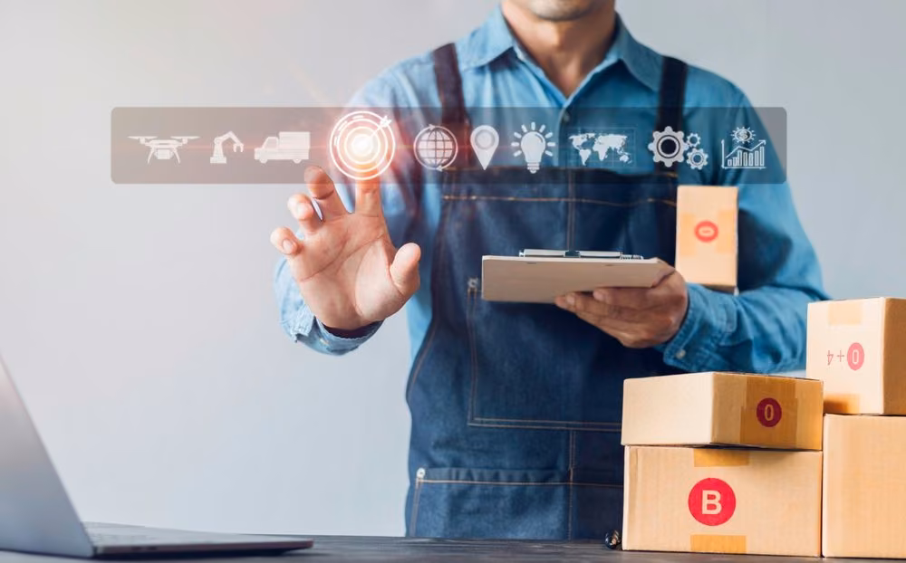 Businessman with AI logistics optimization interface