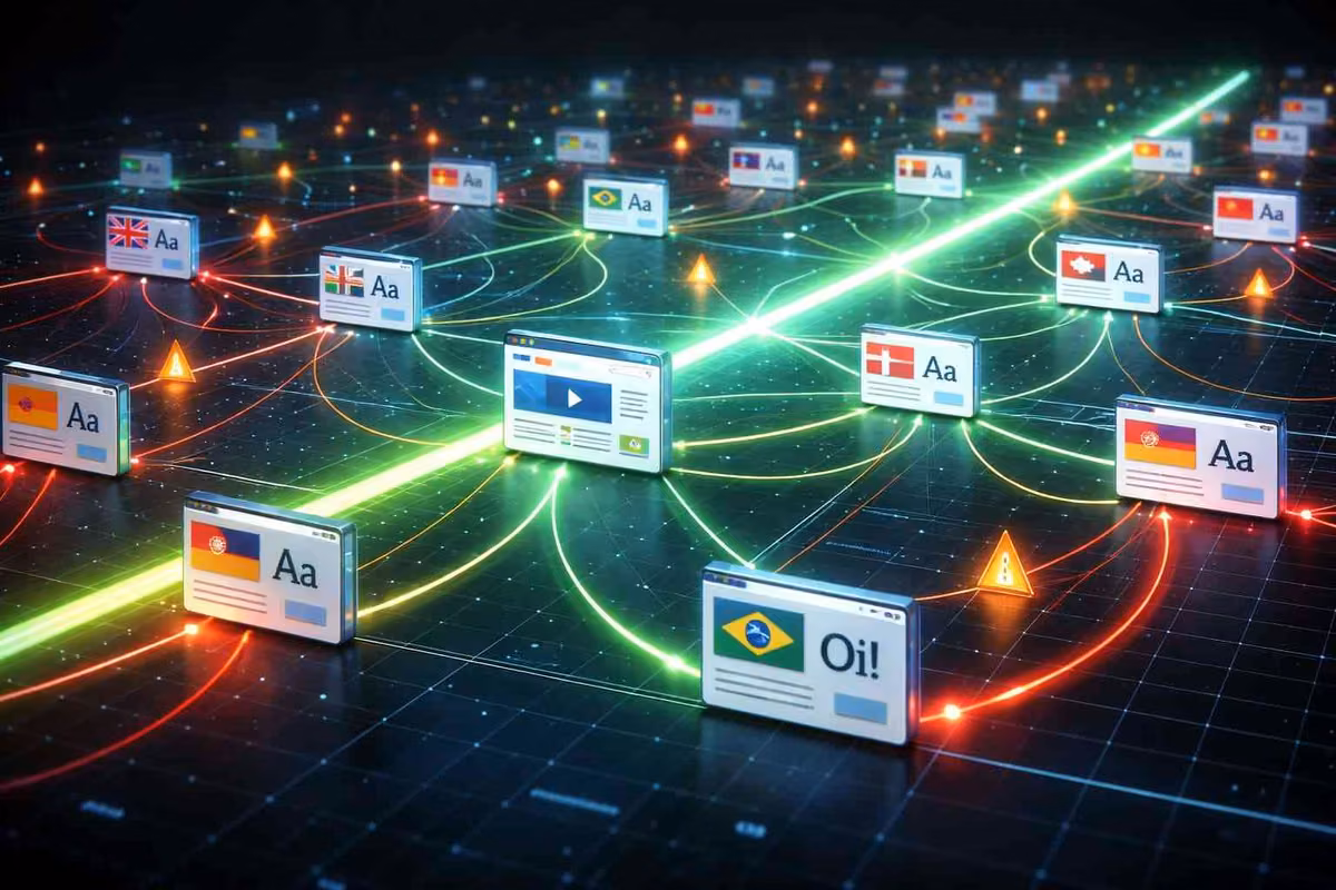 Multilingual SEO layout illustration showing AI-based content connections.