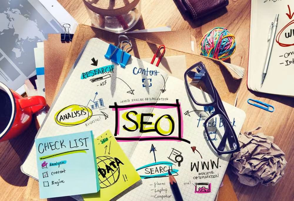 Papers and notes illustrating enterprise SEO strategies