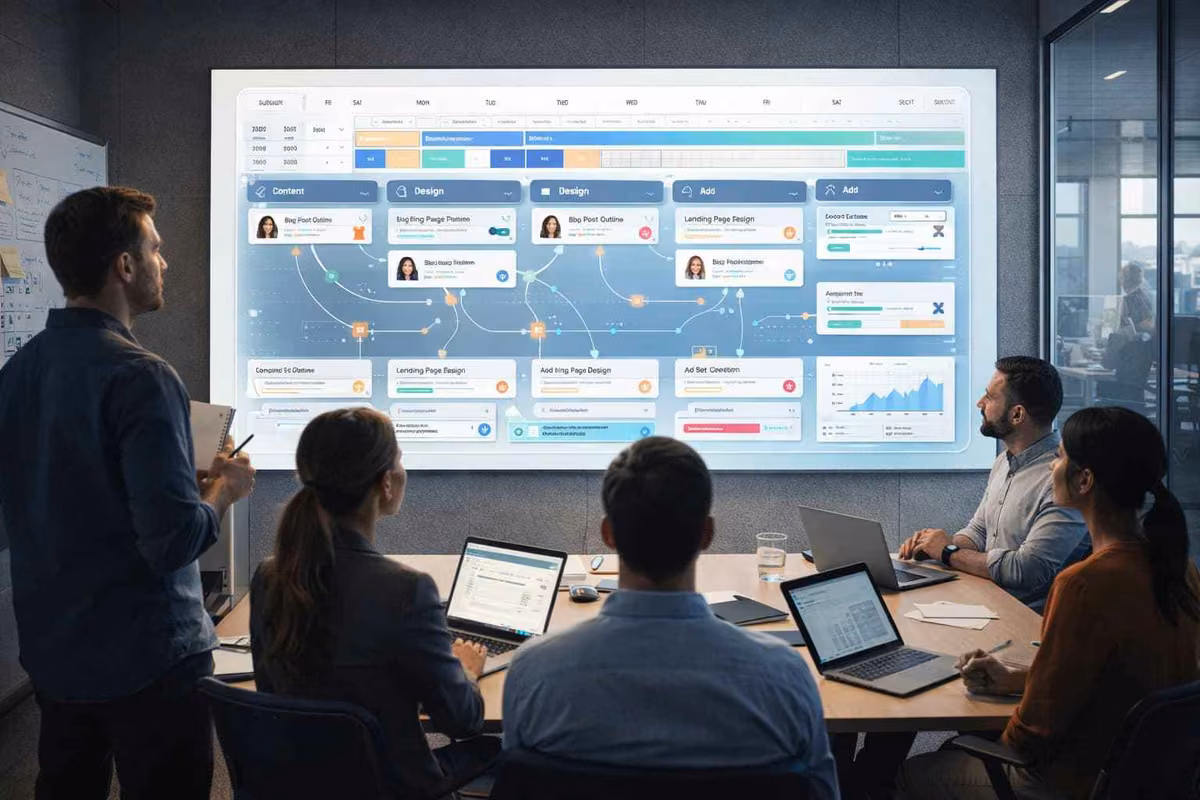 Team meeting around a screen displaying a project management tool dashboard for marketing.