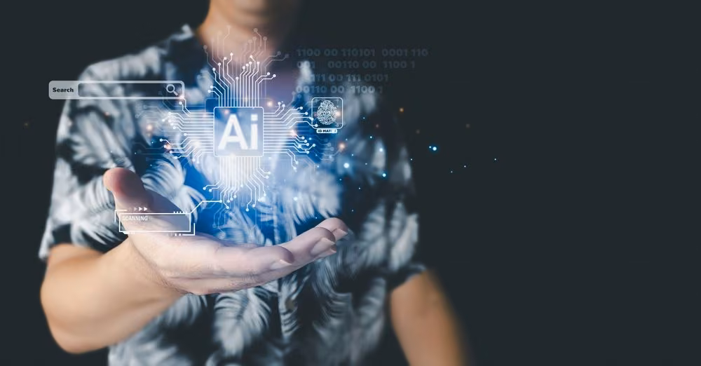 Digital AI interface in a person's hand for generative technology