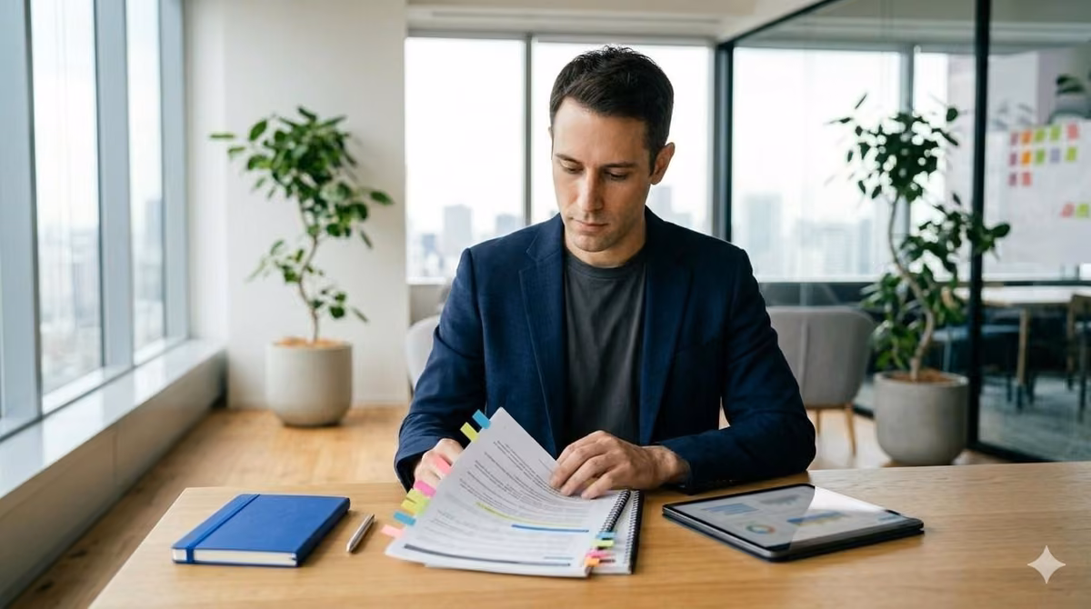 Professional going through AI funnel strategy papers