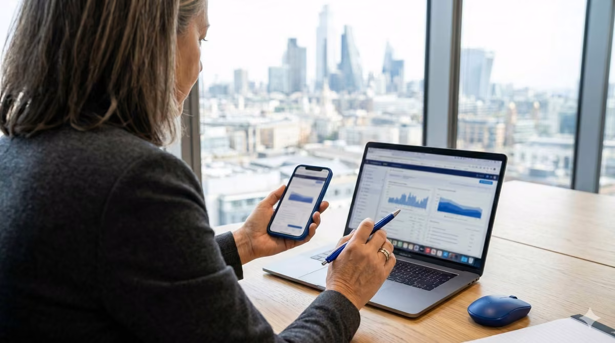 Professional using smartphone and laptop to explore AI tools for B2B marketing