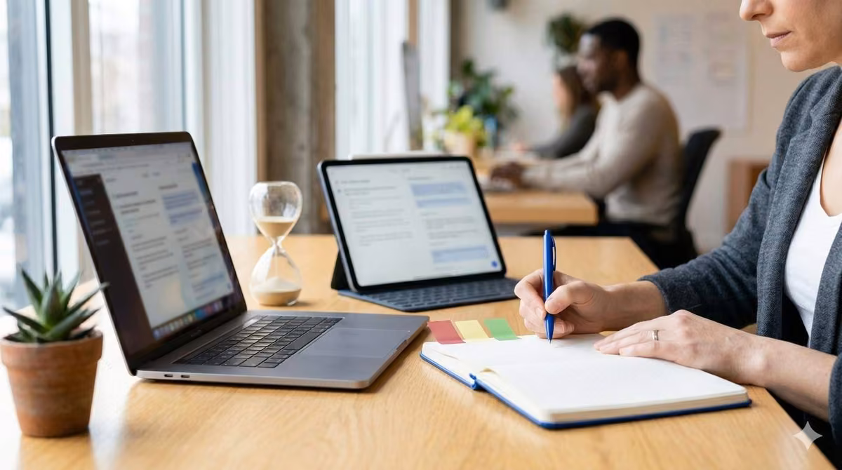 Professional taking notes for AI-driven competitor analysis with digital tools