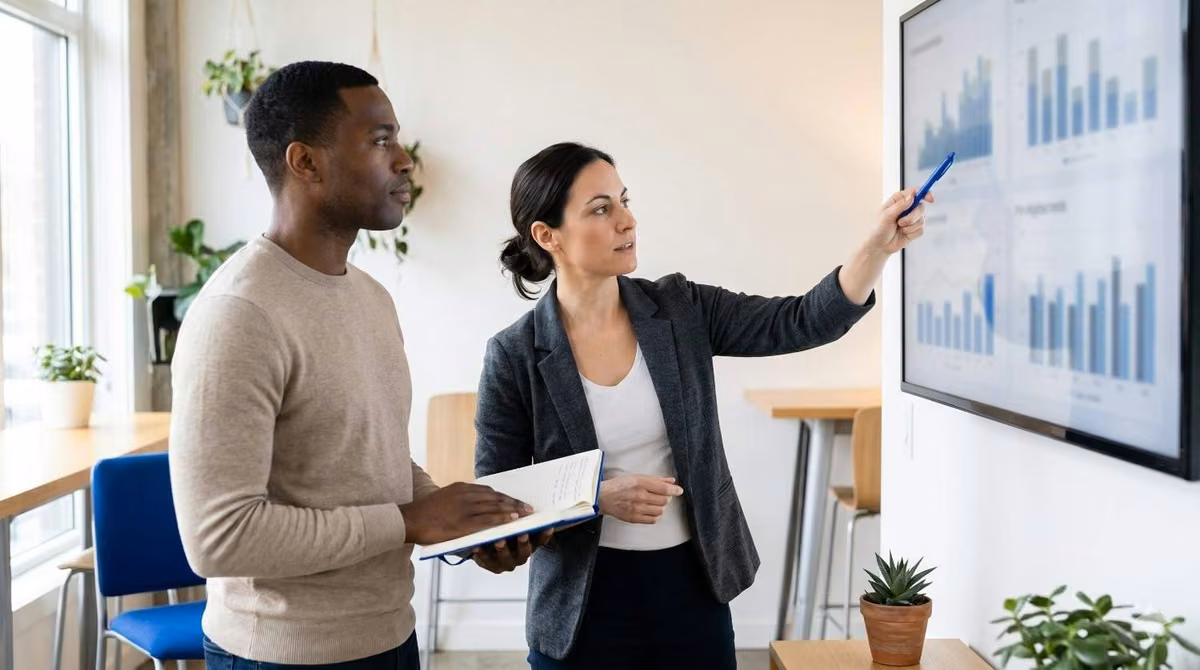 Team analyzing data on screen for AI-based competitor insights