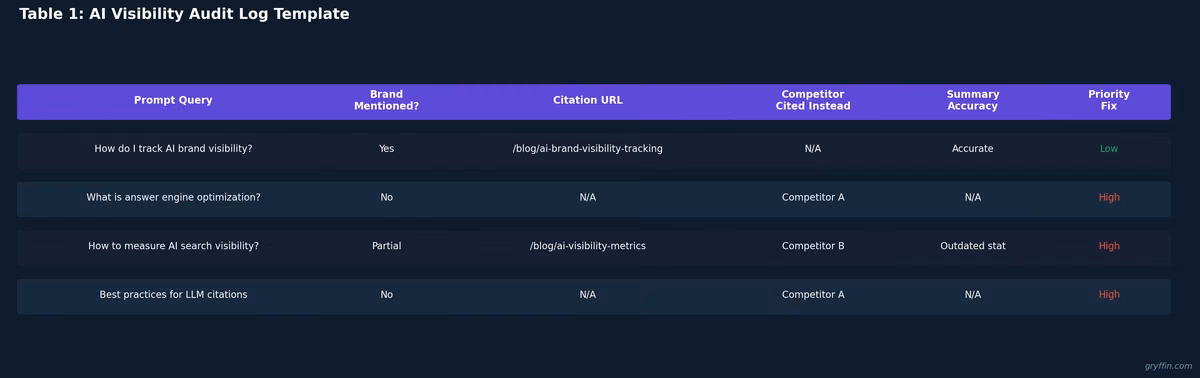 LLM SEO strategies AI visibility audit log template - tracking brand citations and citation gaps