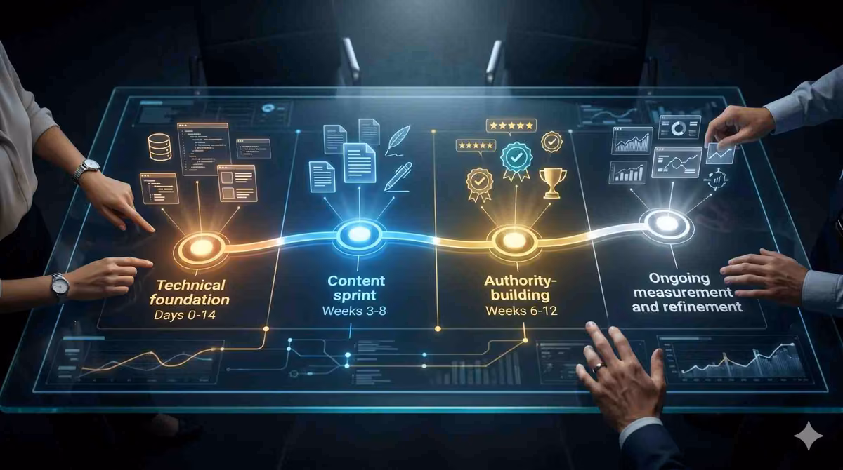 AI SEO audit implementation roadmap showing technical foundation, content sprint, authority-building, and ongoing measurement phases