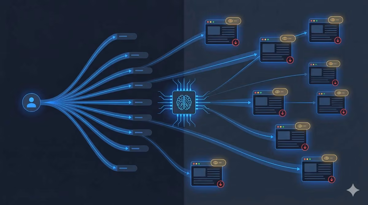 AI search fan-out query diagram showing one user query expanding into multiple sub-queries with phantom impressions and low CTR